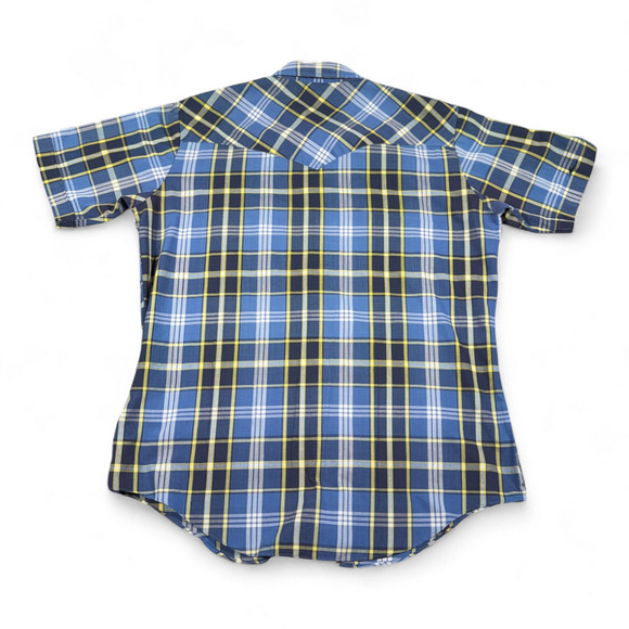 Vintage Ely Cattleman Western Shirt Adult LARGE Blue Yellow Plaid Pearl Snap 90s - Picture 3 of 8
